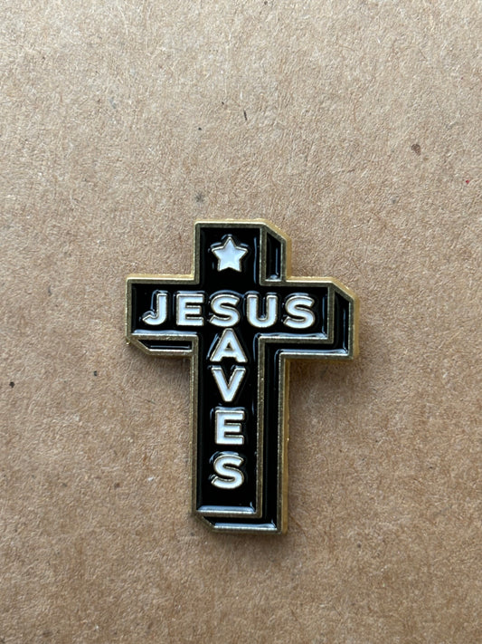 "Jesus Saves", cross pin