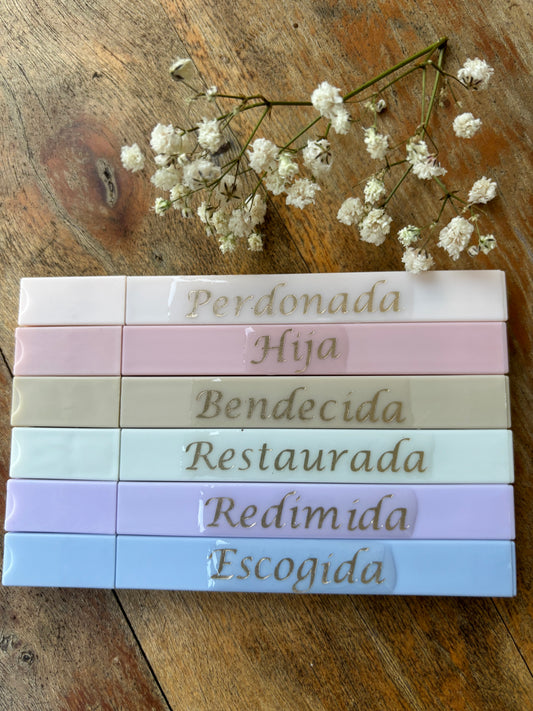 "Escogida, Hija, Redimida, Restaurada, Bendecida, Perdonada", Bible inspired markers