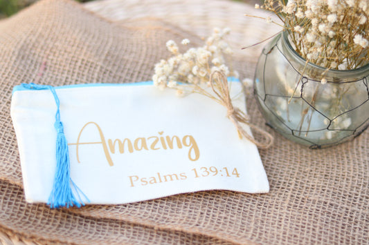 Bible Verse Inspired  “AMAZING” Light Blue Zipper and Tassel pencil case