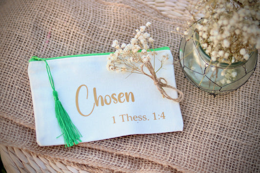 Bible Verse Inspired  “Chosen” Light Green Zipper and Tassel pencil case