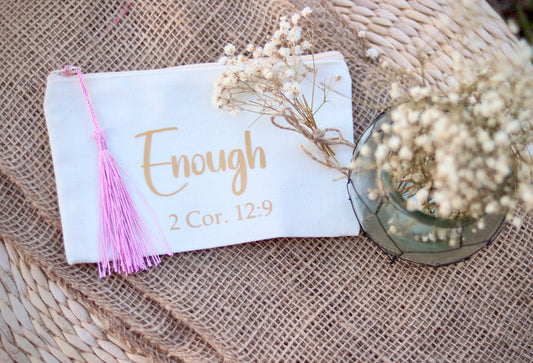 Bible Verse Inspired  “Enough” Pink Zipper and Tassel pencil case
