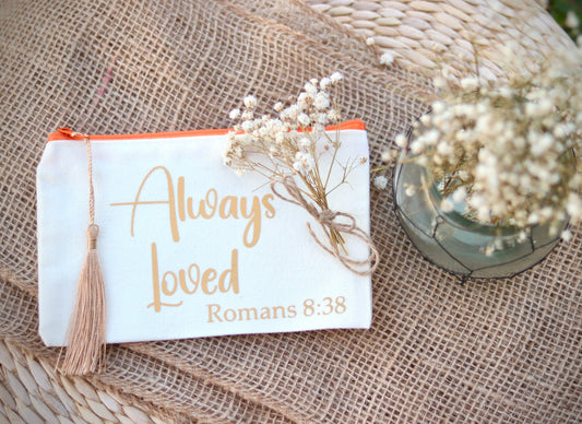 Bible Verse Inspired  “Always Loved” Orange Zipper and Gold Tassel pencil case