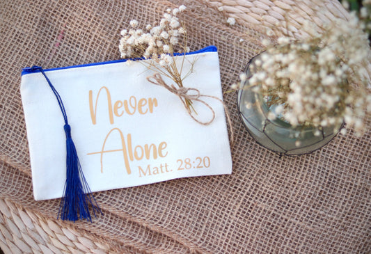 Bible Verse Inspired  “Never Alone” Dark Blue Zipper and Tassel pencil case